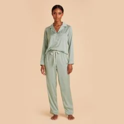 Jonny Long Sleeves And Pants Satin PJ Set - Sage -Elegance Bridal Store sage jonny satin long sleeve set bridesmaid pajamas 02