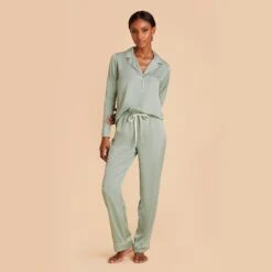 Jonny Long Sleeves And Pants Satin PJ Set - Sage -Elegance Bridal Store sage jonny satin long sleeve set bridesmaid pajamas 05