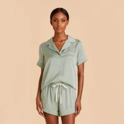 Jonny Satin Pajama Set - Sage -Elegance Bridal Store sage jonny satin short sleeve set bridesmaid pajamas 01