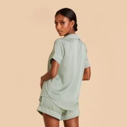 Jonny Satin Pajama Set - Sage -Elegance Bridal Store sage jonny satin short sleeve set bridesmaid pajamas 04