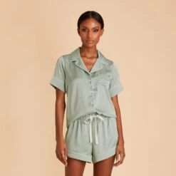 Jonny Satin Pajama Set - Sage -Elegance Bridal Store sage jonny satin short sleeve set bridesmaid pajamas 05