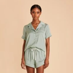 Jonny Satin Pajama Set - Sage -Elegance Bridal Store sage jonny satin short sleeve set bridesmaid pajamas 06