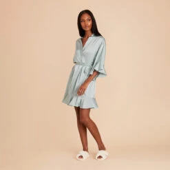 Kenny Ruffle Satin Robe - Sage -Elegance Bridal Store sage kenny satin ruffle bridesmaid robe 02