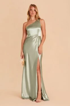 Kira Shiny Satin Dress - Sage -Elegance Bridal Store sage kira slit satin bridesmaid dress 01