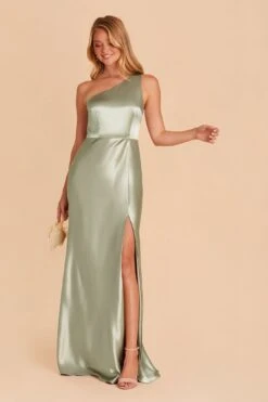 Kira Shiny Satin Dress - Sage -Elegance Bridal Store sage kira slit satin bridesmaid dress 02