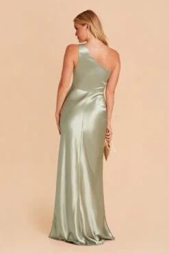 Kira Shiny Satin Dress - Sage -Elegance Bridal Store sage kira slit satin bridesmaid dress 04