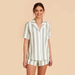 Eddie Pajama Set - Sage Stripe -Elegance Bridal Store sage stripe eddie short sleeve bridesmaid pajama set 01