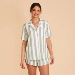 Eddie Pajama Set - Sage Stripe -Elegance Bridal Store sage stripe eddie short sleeve bridesmaid pajama set 02