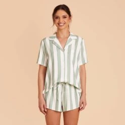 Eddie Pajama Set - Sage Stripe -Elegance Bridal Store sage stripe eddie short sleeve bridesmaid pajama set 03