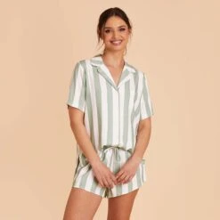 Eddie Pajama Set - Sage Stripe -Elegance Bridal Store sage stripe eddie short sleeve bridesmaid pajama set 06