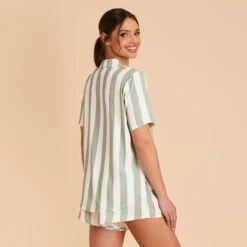 Eddie Pajama Set - Sage Stripe -Elegance Bridal Store sage stripe eddie short sleeve bridesmaid pajama set 08