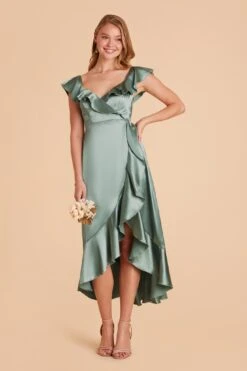 James Shiny Satin Midi Dress - Sea Glass -Elegance Bridal Store sea glass james satin bridesmaid dress 03