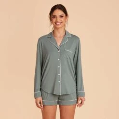 Jonny Long Sleeve Pajama Set - Sea Glass -Elegance Bridal Store sea glass jonny long sleeve bridesmaid pajama set 01