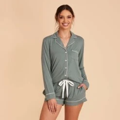 Jonny Long Sleeve Pajama Set - Sea Glass -Elegance Bridal Store sea glass jonny long sleeve bridesmaid pajama set 03