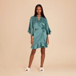 Kenny Ruffle Satin Robe - Sea Glass