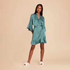 Kenny Ruffle Satin Robe - Sea Glass -Elegance Bridal Store sea glass kenny satin ruffle bridesmaid robe 03