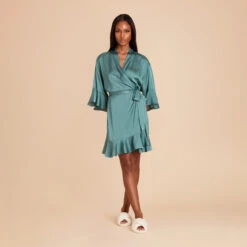 Kenny Ruffle Satin Robe - Sea Glass -Elegance Bridal Store sea glass kenny satin ruffle bridesmaid robe 04