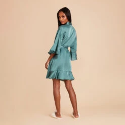 Kenny Ruffle Satin Robe - Sea Glass -Elegance Bridal Store sea glass kenny satin ruffle bridesmaid robe 05