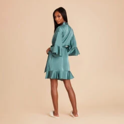 Kenny Ruffle Satin Robe - Sea Glass -Elegance Bridal Store sea glass kenny satin ruffle bridesmaid robe 06