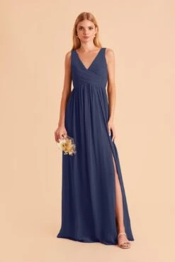 Laurie Empire Dress - Slate Blue -Elegance Bridal Store slate blue laurie slit bridesmaid dress 01