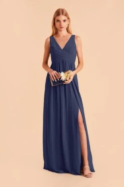 Laurie Empire Dress - Slate Blue -Elegance Bridal Store slate blue laurie slit bridesmaid dress 02