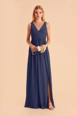 Laurie Empire Dress - Slate Blue -Elegance Bridal Store slate blue laurie slit bridesmaid dress 03
