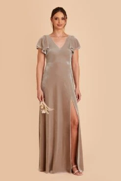 Hannah Velvet Dress - Taupe 11 Hannah Velvet Dress - Taupe -Elegance Bridal Store taupe hannah velvet bridesmaid dress 01