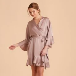 Kenny Ruffle Satin Robe - Mauve Taupe 34 Kenny Ruffle Satin Robe - Mauve Taupe -Elegance Bridal Store taupe kenny satin ruffle bridesmaid robes 11