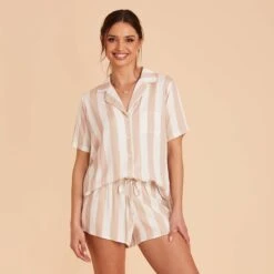 Eddie Pajama Set - Taupe Stripe 15 Eddie Pajama Set - Taupe Stripe -Elegance Bridal Store taupe stripe eddie short sleeve bridesmaid pajama set 01