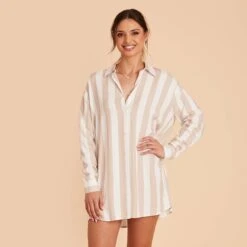 Eddie Sleepshirt - Taupe Stripe -Elegance Bridal Store taupe stripe eddie sleepshirt bridesmaid pajama 01
