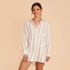 Eddie Sleepshirt - Taupe Stripe -Elegance Bridal Store taupe stripe eddie sleepshirt bridesmaid pajama 05
