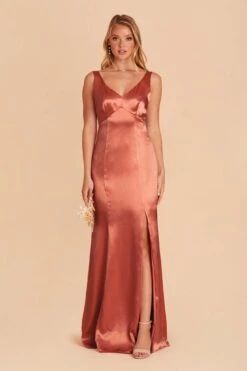 Gloria Shiny Satin Dress - Terracotta