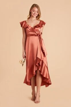 James Shiny Satin Midi Dress - Terracotta