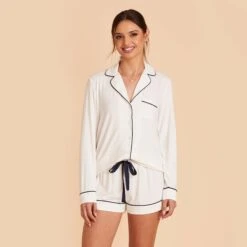 Jonny Long Sleeve Pajama Set - White -Elegance Bridal Store white jonny long sleeve bridesmaid pajama set 02