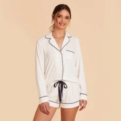 Jonny Long Sleeve Pajama Set - White -Elegance Bridal Store white jonny long sleeve bridesmaid pajama set 04