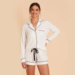 Jonny Long Sleeve Pajama Set - White -Elegance Bridal Store white jonny long sleeve bridesmaid pajama set 07