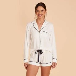 Jonny Long Sleeve Pajama Set - White -Elegance Bridal Store white jonny long sleeve bridesmaid pajama set 08