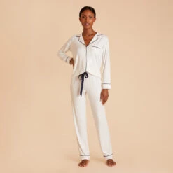 Jonny Long Sleeve Pajama And Pants Set - Ivory 12 Jonny Long Sleeve Pajama And Pants Set - Ivory -Elegance Bridal Store white jonny long sleeve pants set bridesmaid pajamas 03