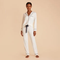 Jonny Long Sleeve Pajama And Pants Set - Ivory 13 Jonny Long Sleeve Pajama And Pants Set - Ivory -Elegance Bridal Store white jonny long sleeve pants set bridesmaid pajamas 04